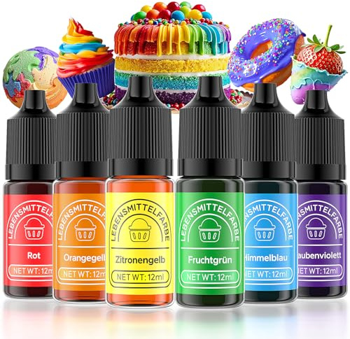 Wwtop Lebensmittelfarbe 6 Farben x12ml, Hochkonzentriert Lebensmittelfarbe Flüssig zum Backen, Lebensmittel Farben Food Coloring Set für Fondant, Christmas Kuchen, Macarons,Donuts,Kekse (Regenbogen)