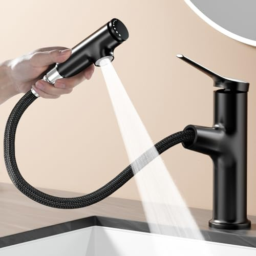 EAARSUO Wasserhahn Bad mit herausziehbarer Brause (Schwarz) | Moderne Einloch-Badarmatur Waschbecken ausziehbar, Einhebel-Armatur Badezimmer mit 3 Sprühmodi
