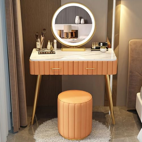 SFJATTA Set di sgabelli da Tavolo per Trucco Moderno Tavolini da Toilette per Camera da Letto per Donne e Ragazze Moderno Postazione Trucco con Sgabello Imbottiti e Cassetti(Orange white,80cm/31.5in)