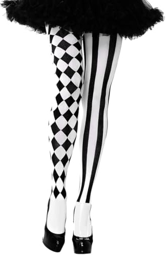 Harlekin Strumpbyxor, svartvita damstrumpbyxor, randiga och rutmönster, cirkusstrumpbyxor, Overknees strumpor, cirkus clownstrumpor för karneval temafest, cosplay