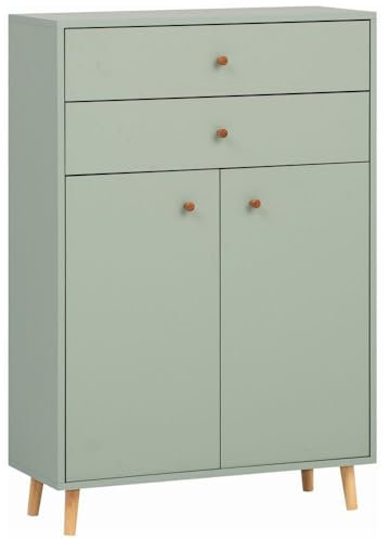 Lomadox Highboard in grün Holzgriffe 2 Schubladen 2 Türen Badschrank Flurschrank Kommode skandinavisches Design