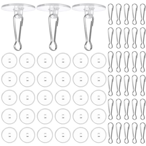 RosewineC 30 Stück Deckenhaken Selbstklebend Klebehaken Decke Transparent | Decke Klebehaken Transparent mit 30 Stück Fahnenmast-Clips Deckenhaken Ohne Bohren für Schlafzimmer, Badezimmer, Küche, Decke