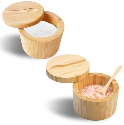 Huipalon Wooden Salt Box 2PCS Salt Pepper Pots Cellar with Magnetic Lid and Built-in Spoon 100ml Bamboo Salts Pot for Kitchen Salts Spice Herbs Storage (9 * 7 * 7CM)