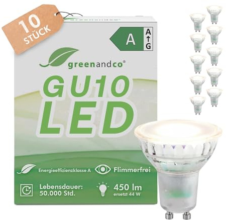 greenandco 10x GU10 | sostituisce 44W | bianco caldo 3000K | 2.5W 450lm | 100° | senza sfarfallio | classe di efficienza energetica A | lampadina LED 230V | non dimmerabile