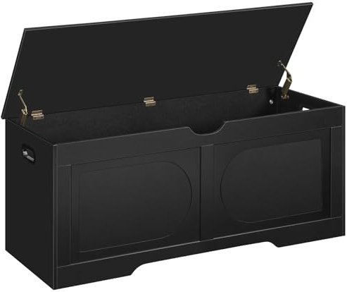 MAHANCRIS Storage Chest, 47.2” Toy Box, Entryway Storage Trunk, Shoe Bench with Storage, Engineered Wood Storage Cabinet with 2 Safety Hinges, Entrance Bench for Bedroom, Living Room, Black SCBK2201