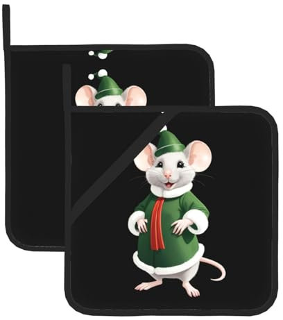 HYTTER Set di 2 presine isolate quadrate stampate con topolino in costume natalizio, 20,3 x 20,3 cm, antiscottatura e termoisolante, impermeabili