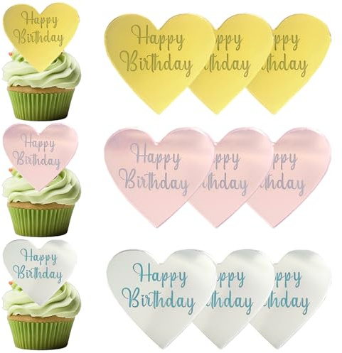 9 Pcs Acrylic Happy Birthday Cupcake Toppers, Heart Mirrored Multicolor Cake Topper for DIY Cupcake Decoration Birthday Party Topper