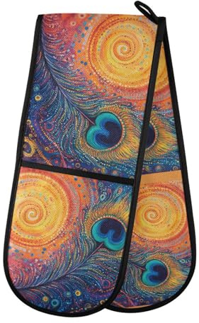 Quteprint Maniques doubles de cuisine matelassées avec plumes de cachemire ethniques, résistants à la chaleur, 17,8 x 88,9 cm de long, pour pâtisserie, barbecue, barbecue et micro-ondes – Lavable en