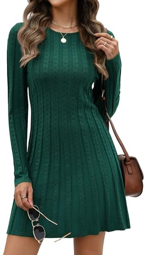 Hotouch Robe en tricot femme élégante, pullover en tricot, robe à manches longues, pullover, col rond, robe d'hiver, sweat-shirt, robe A-ligne, robe mi-longue de cocktail, vert foncé, XL