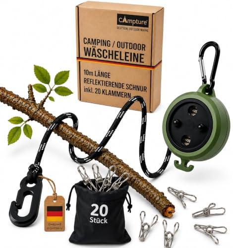 Campture Camping Wäscheleine,10m Schnur reflektierend ausziehbar aufwickelbar für Camper, Reisende und Outdoorfans