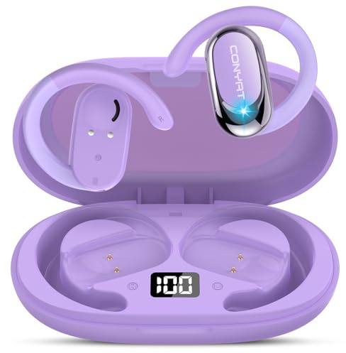 Conyat Auriculares Oreja Abierta, 58H Auriculares Deportivos Bluetooth 5.4, HiFi Estéreo Cascos Inalámbricos, Ganchos Giratorios para Orejas, Llamada ENC, IPX7 Impermeable para Fitness Correr, Morado