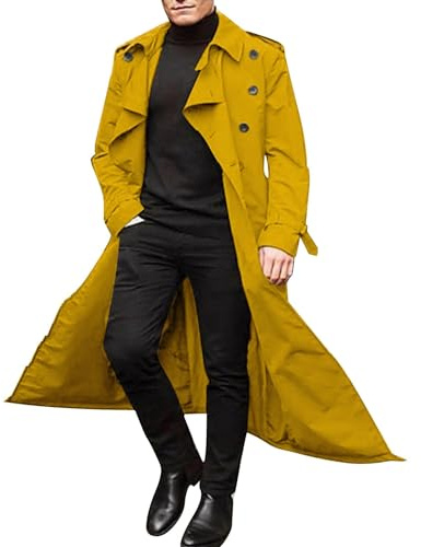 Générique Trench-Coat hommes imperméable pour automne hiver manteau long élégant avec ceinture ajustable et double boutonnage style décontracté (Yellow, XL)