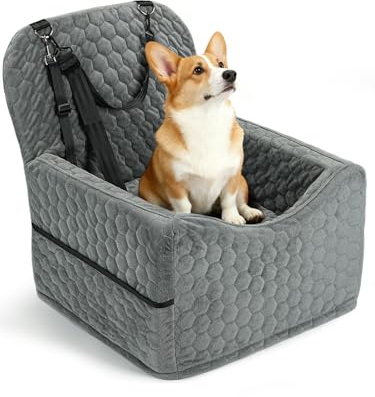 Sniffury Dog Car Seat for Small/Medium Pets, Adjustable Booster Seat with Safety Leash, Washable Cover & Storage Pockets (Up to 35 lbs, Gray)