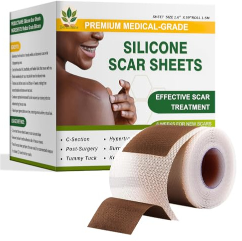 DERMITONE Medical Silicone Scar Tape – Waterproof Silicone Scar Sheets (4cm x 1.5m), Scar Treatment for Surgical Scars, C-Section & Tummy Tuck, for Keloid Scars, Ultra-Soft Skin Healing Strips - Dark | Medical-grade silicone for scar care Strong adhesive, long-lasting wear Waterproof & sweat resistant