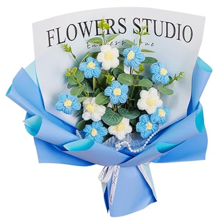 SBJKLYRN bouquet， Bouquet di margherite artificiali all'uncinetto, fatto a mano, blu, 37 cm x 27 cm x 15 cm, margherita, rustico, bouquet di fiori artificiali(Blue)