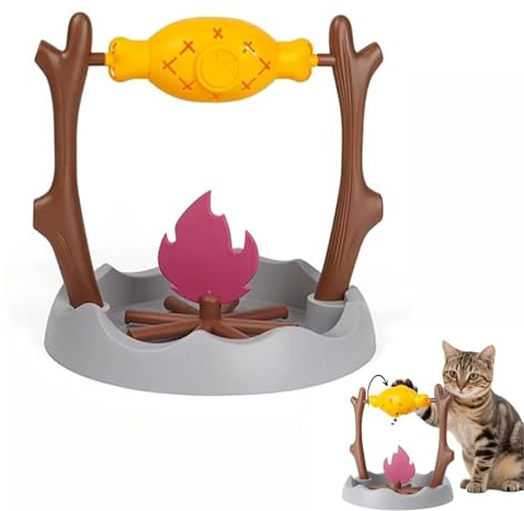 wodjcks Campfire Cat Feeder, Cat Campfire Treat Slow Feeder, pet Interactive Snack Dispenser Slow Food, Grilled Chicken Thigh 360° Rotating Leaky Toy with 3 Food Outlet, for Interactive and Training