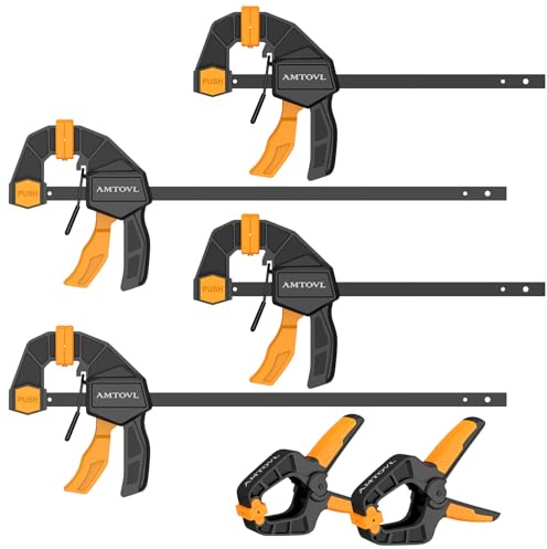 AMTOVL Einhandzwingen Set mit 2 Stk. Schnellspannzwingen (Spannweite 155mm, Dehnbereich 130-280mm), 2 Stk. Schraubzwingen (Spannweite 310mm, Dehnbereich 130-435mm), 2x Federklemmen für Fixieren