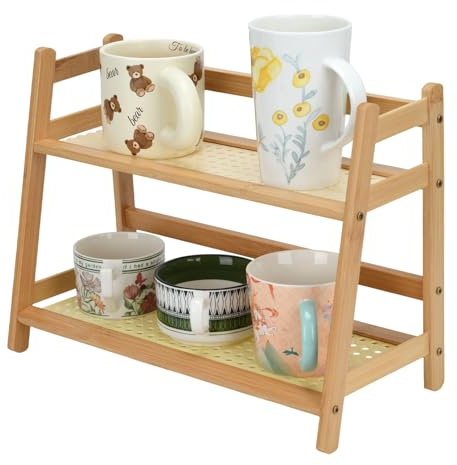 BSDLZCH 2-Tier Bamboo Mug Holder Stand, Countertop Organiser | Rustic Wicker-Look Coffee Cup Display Rack for Kitchen Coffee Station, Office Desk & Bathroom Shelving