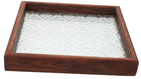 FIXOSHEE Rustikales Quadratisches Holztablett aus Massivem Holz mit Glasoberfläche Vielseitig als Schmuck Serviertablett für Tee Snacks und Wohnaccessoires Pflegeleicht und Langlebig