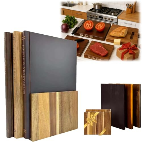 Bois Lot de 3 Planche à Découper en Forme de Livre RéVersible, Tranchoir Ustensile de Cuisine, Planche à Hacher avec Support, Antidérapante Planche à Découper pour Viande, Légumes, Fruits
