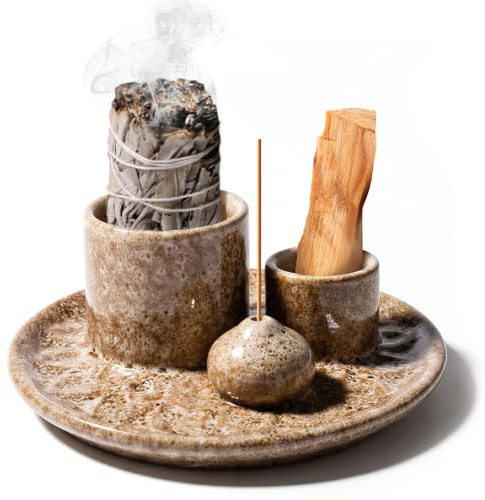 4 in 1 Incense Burner Holder, Palo Santo Burner Kit, Heat Resistant Ceramic Incense Bowl, Decorative Palo Santo Holder for Sage Smudge Stick, Candlestick,Home Decor, Meditation Yoga