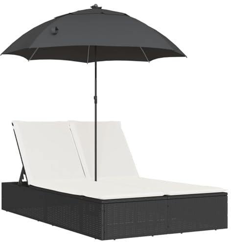 WGYHOME Dubbel solstol, svart PE-rotting 200 x 110 cm med justerbart ryggstöd, parasoll och tvättbar kudde – för trädgård, terrass, pool