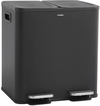 CASABEL Cubo de basura de cocina doble 2x15L en acero inoxidable, Cromado | Doble compartimento, Reciclaje selectivo, 2 pedales, Antihuellas, Tapas herméticas, Cubos extraíbles, Fácil mantenimiento