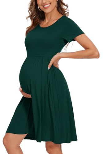 WOOXIO Women's Fashion Short Sleeve Maternity Dress with Pockets Patchwork Pregnancy Clothes Deep Green,M