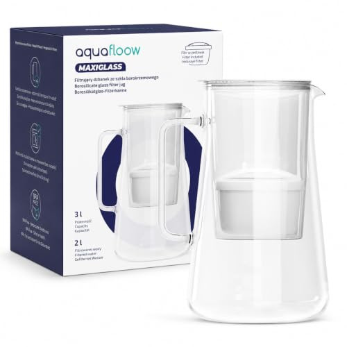 Aquafloow Maxiglass Jarra Filtrante De Cristal 3 l Con Cartucho Filtrante, Filtro De Agua En Vidrio Borosilicato Para Agua Potable, Sin BPA, Cristal Apto Para Lavavajillas, Transparente