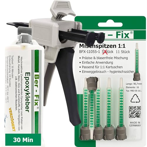 Ber-Fix 2K Epoxidkleber 30 Min 50g + 11 Mischdüsen + Pistole lange | 2K Epoxidkleber 30 Min 50g + 11 Mischdüsen + Pistole lange: 2K Epoxidkleber für starre