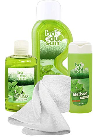 badusan Wohlfühlset Melisse 4-teilig Duschbad, Schaumbad, Flüssigseife Geschenkset mit Handtuch, Baden mit Badusan Pflegeset Beautyset Beautypaket