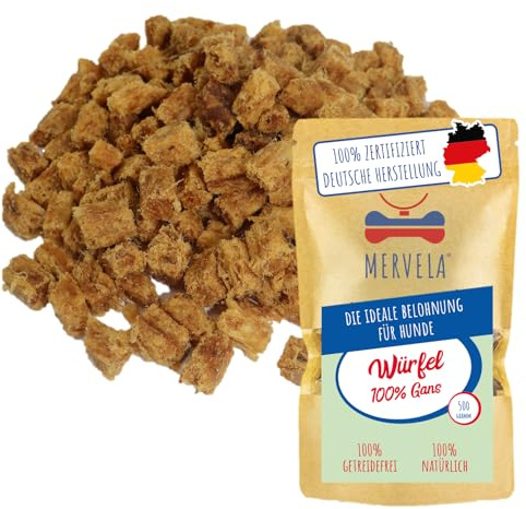 MERVELA® Premium Gans Kauwürfel für Hunde, 500g - Ideal als Trainingsleckerli | 100% Natürliches Gansfleisch | Hypoallergen für Sensible Hunde | Made in Germany