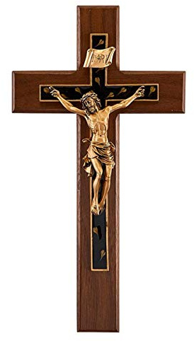 Walnut Wood Crucifix with Floral Epoxy Cross Overlay and Gold Toned Corpus, 10 Inch