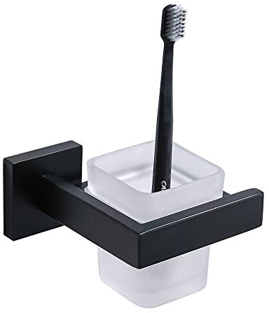 Turs Cuadrado Vaso Titular Copa de Vidrio Elegante Baño Hotel Estilo Sus 304 Acero Inoxidable Portavasos Montaje en Pared, Negro Mate, Q7SKB-BK