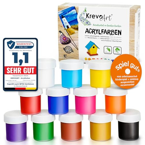 Krevo Art Wasserfeste Acryl-Farben, Acrylic Paint - 12 stark pigmentierte Acrylfarben Set je 20ml, Bastelfarben für Papier, Stein, Holz, Ton, Gips, Leinwand