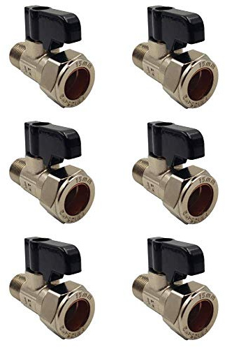 Aumix 15mm x 12mm Isolating Valve with Handle UK Compression Fittings Adaptor EN1254-2 for Kitchen Bathroom Mixer Taps with 3/8 Tails - 6 Pieces