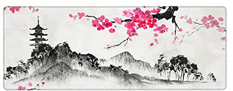 Tapis de souris en fleur de cerisier japonaise Sakura aquarelle - 80 x 30 cm - Base en caoutchouc antidérapant - Grand tapis de jeu XL pour clavier, ordinateur portable, bureau, 80 x 30 cm