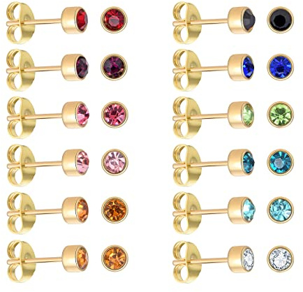 12 Pairs 18K Yellow Gold Plated Surgical Stainless Steel Stud Earring, CZ Stud Earrings for Women, Cubic Zirconia Birthstone Stud Earrings Set 3mm 4mm 5mm 6mm