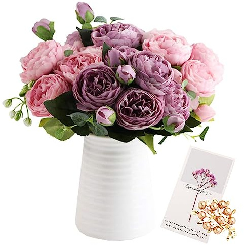 OuLi Store®4 Bouquets de Fleurs artificielles en Soie Pivoine Artificielle Fausse Fleur glorieuse pour la décoration de Maison, 5 fourchettes, 9 têtes (4 Bouquets-2Violet+2Rose)