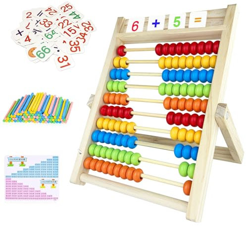 Nutabevr Rechenschieber Rechenrahmen, Kinder Grundschule Abakus zum Zählen und Rechnen, Holz Rechenschieber mit 100 Perlen, 100 Zählstäbchen, Zahlenalphabetkarten, Aufklärung Spielzeug für Kinder