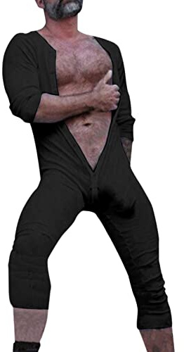 Men's Romper Jumpsuit Jumpsuit Stretchy Cotton Ramper One Piece Pyjamas Men's Cotton Home Wear Sleepwear Underwear Sleepsuits, A2 Black, XL
