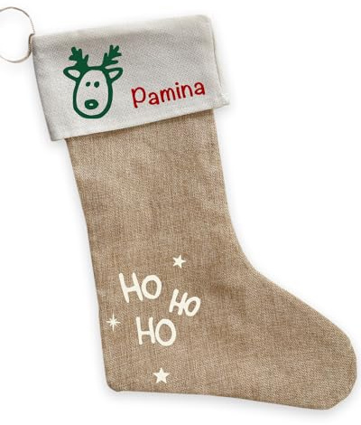 Nikolausstrumpf | Weihnachtsstrumpf | Personalisiert mit Name Motiv: Rentier | Jute Nikolaussocke einfach Befüllen und Aufhängen Beutel mit Namen zum Nikolaus