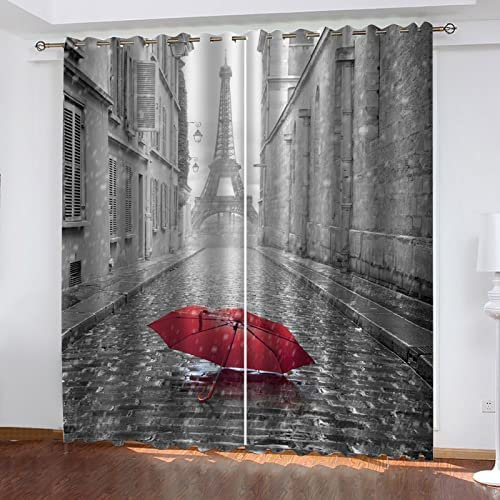 Vorhang Blickdicht Gardinen Mit Ösen - 2 Stücke 140(B) X160(H) cm Verdunklungsvorhänge 3D Straßenszene Mit Rotem Regenschirm Muster Thermovorhang Für Kinderzimmer Schlafzimmer Weihnachtsgardinen