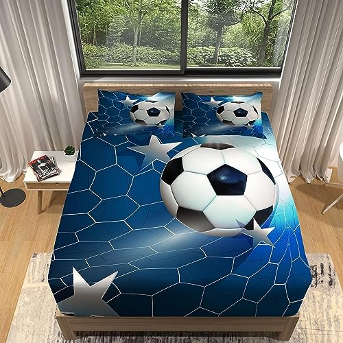 Drap Housse 140x190 cm Football, 3D Football Drap-Housse 140x190 cm - pour lit de 140 x 190 à 30 cm - Hauteur du Matelas, Drap Housse 2 Personnes avec 1 Taie d'oreiller