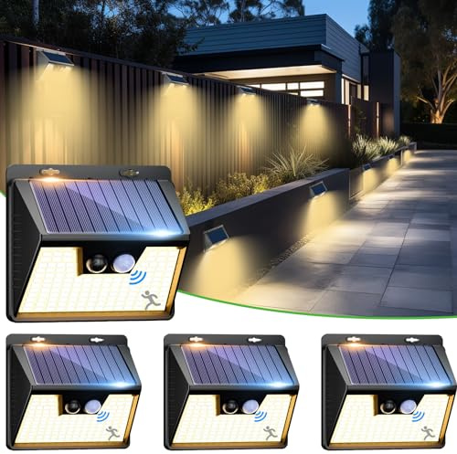 nipify Solar Lights Outdoor Motion Sensor, 4 Pack 140LED 3 Modes IP65 Waterproof Durable Solar Powered Wall Lights for Outside Garden Fence Yard Garage, Warm White