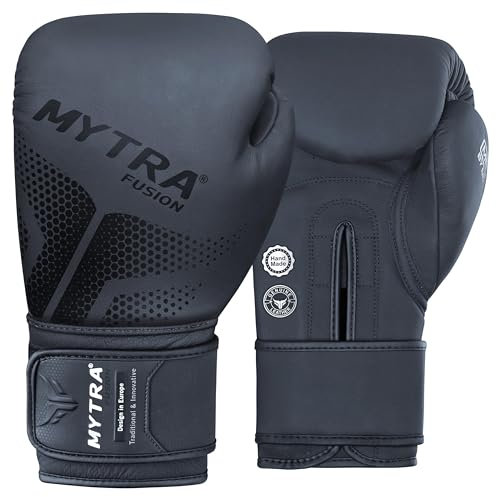 Mytra Fusion Gant de Boxe Homme et Femmes Gants de Boxe Cuir véritable Gants Boxe pour la Boxe, Le poinçonnage, l'entraînement et l'entraînement MMA 10, 12, 14, 16 oz Gant de Boxe (Black, 16-oz)