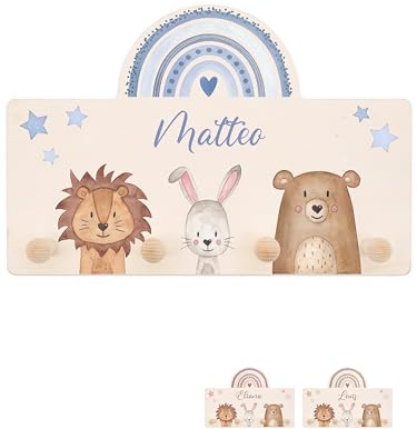 wunderwunsch® - Personalisierte Garderobe Kinder mit Spezial-Druck (inkl. 4 Haken)- Kinderzimmer Deko, Taufe Geschenk, Kindergeschenke, Geburt Geschenk (Tiere Regenbogen blau)