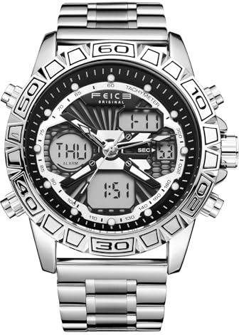 FEICE Herren Quarzuhr Armbanduhren Analog Digital Multifunktionsuhr 46mm FK817 Silber