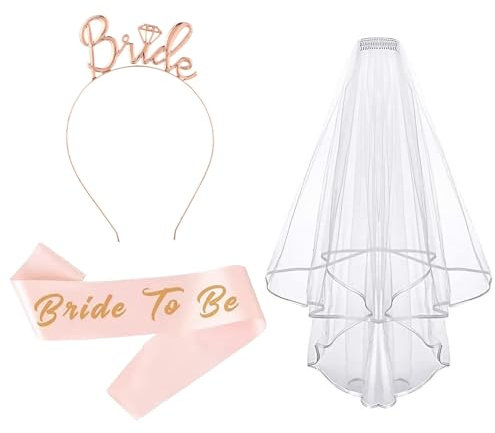 Bride to Be Sash, Headband and Veil, Banda Bride to Be, Tiara en Oro Rosa y Velo Blanco con Peine, Decoraciones Elegantes para Fiestas de Compromiso y Boda