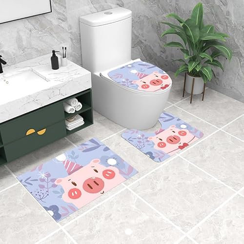 Bad Teppiche Set 3-Teiliges Rosa Schweineblätter WC Vorleger Mit Ausschnitt Badematte Saugfähig WC Deckelbezug Badvorleger rutschfest Waschbar Toilettensitzbezug Badgarnitur (45x75cm)